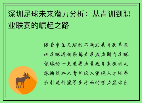 深圳足球未来潜力分析：从青训到职业联赛的崛起之路
